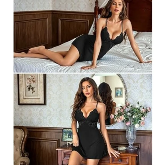 Nightie Lingerie Lace Chemise Sleepwear Babydoll Teddy Nighty Dull Black - Picture 2 of 7